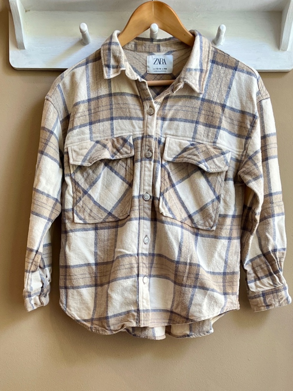 ZARA Girls Plaid Flannel Shacket Button Up Shirt Cream Tan Beige Kids Size 13/14